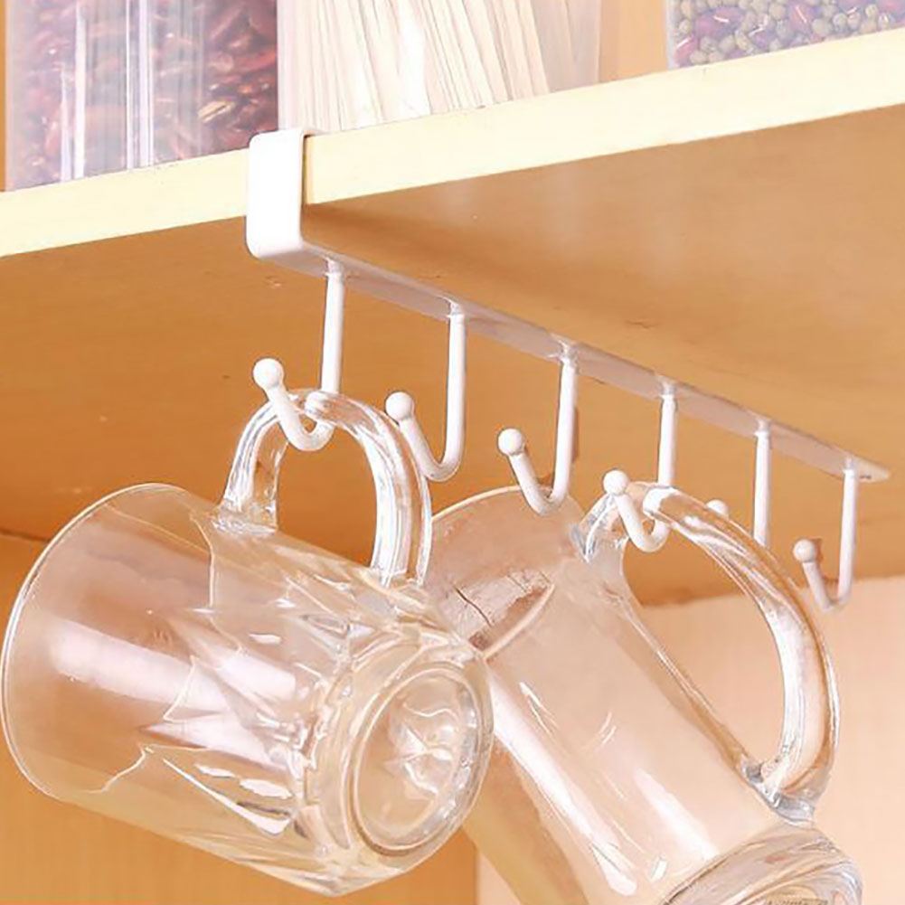 (Pack of 2) 6 Hooks Metal hanger, Storage Shelf Wardrobe Cabinet Metal Under Shelves Mug Cup Hanger Kitchen Organizer Rack Holder