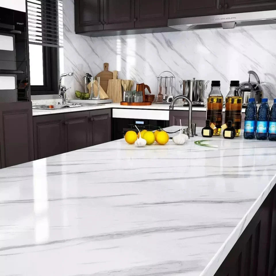 (Pack of 5) Self Adhesive White Marble Sheet for Kitchen / Waterproof Anti Oil & Heat Resistant Wallpaper Sheet (2 Feet x 6.5 feet)